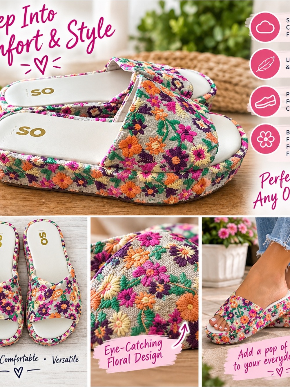 SO Multicolor Embroidered Floral Platform Slide Sandals